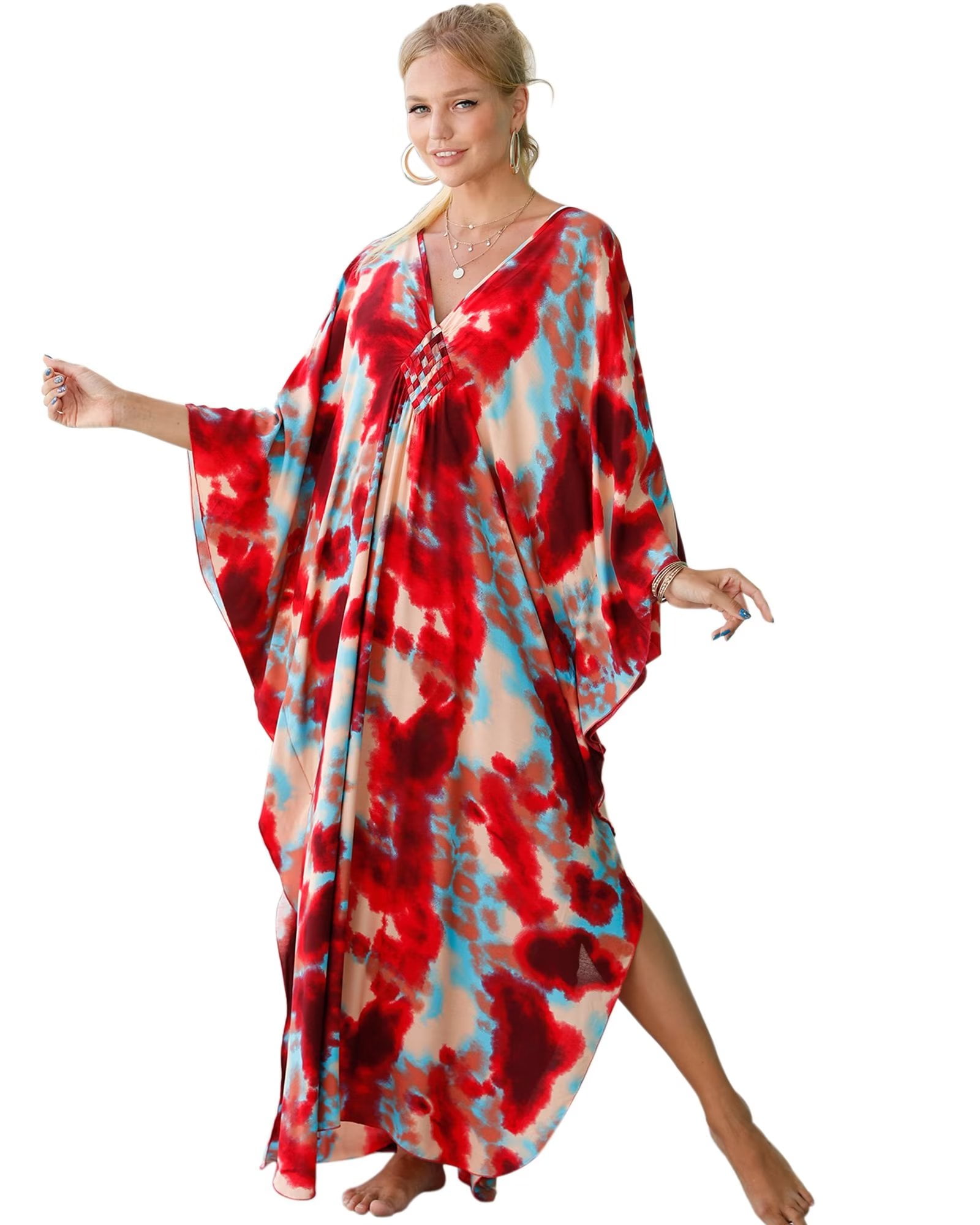 EDOLYNSA Plus Size Kaftan Dresses for Women Print Swimwear Cover up