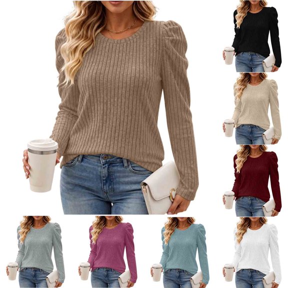 Ashyfjp Sweaters for Women Casual Solid Color Long Sleeve Crew Neck Puff Shoulder Ribbed Knit Top, Size (S-XXL)