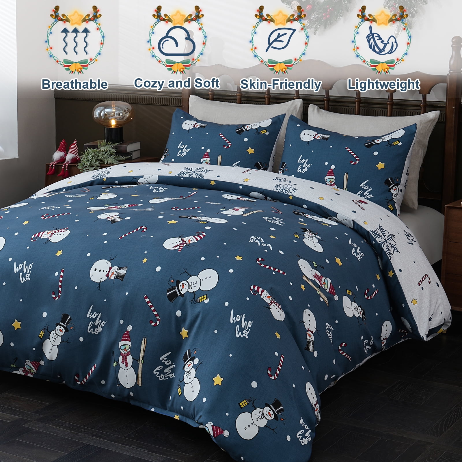 BLEUM CADE Duvet Cover and Pillow Covers Christmas Snowman Duvet 3 Piece Bedroom Set Blue Background and White Snowman Printed