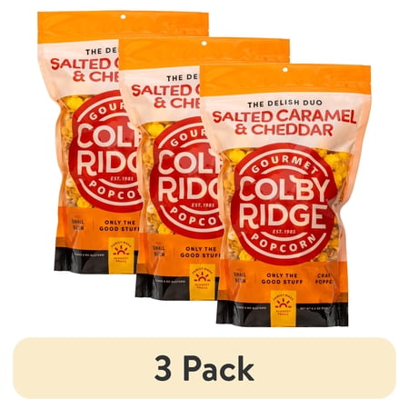 (3 pack) Colby Ridge Salted Caramel & Cheddar Gourmet Craft Popped Popcorn Snack Sized Small Batch (1/2 Gal. 8 Cups)