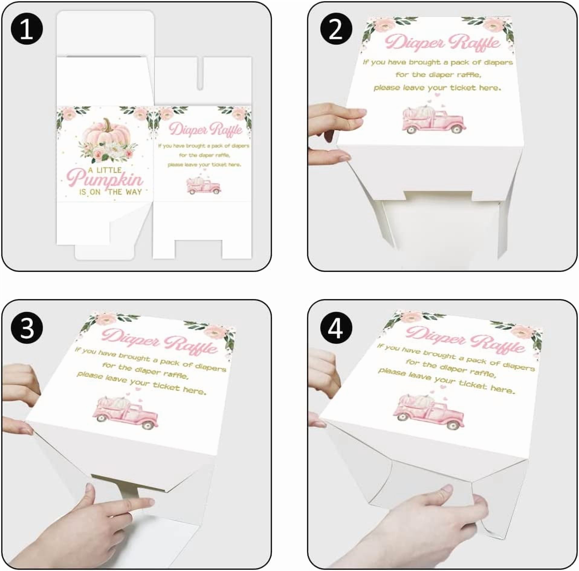 Diaper Raffle Card Box with 50 Pcs Pumpkin Diaper Raffle Tickets, Autumn Floral Pumpkin Diaper Raffle Card Box for Baby Shower Games Gender Reveal Party Invitation Insert Card Game (Pink)