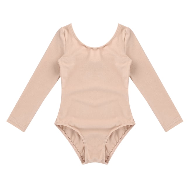 Yeahdor Girls Basic Team Uniform Short/Long Sleeve Gymnastics Workout Ballet Dance Leotard Solid Color Bodysuit Activewear Apricot 3
