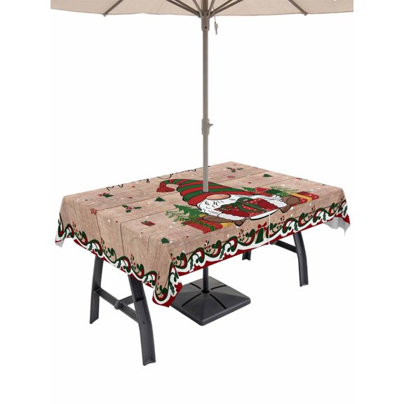 Outdoor Tablecloth with Umbrella Hole and Zipper, Christmas Gnomes Rectangle Table Cloth 60x120 Inch Waterproof Tablecloth, Winter Xmas Gifts Snowflake Wooden Picnic Table Cover for Patio Camping