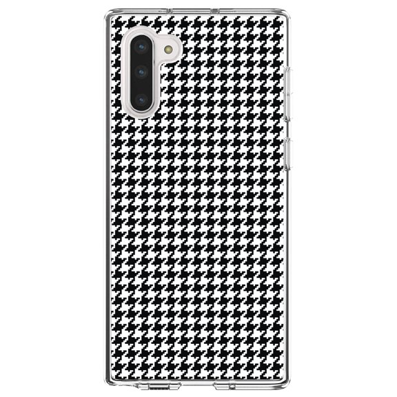 DistinctInk Clear Shockproof Hybrid Case for Samsung Galaxy Note 10 (6.3" Screen) - TPU Bumper, Acrylic Back, Tempered Glass Screen Protector - Black White Houndstooth Pattern