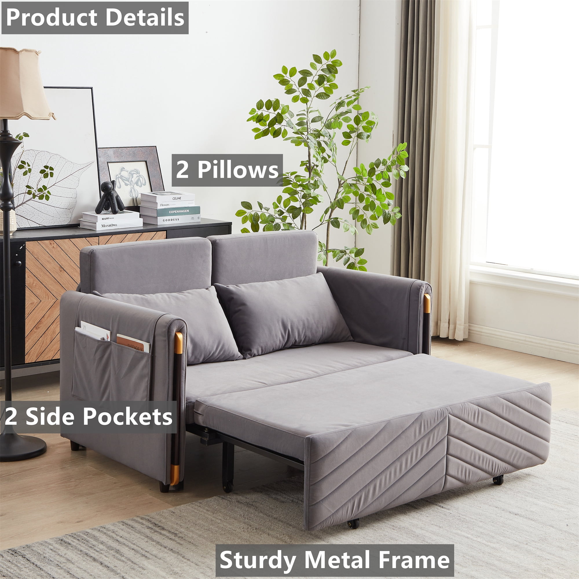 Aukfa Velvet Futon Convertible Loveseat Sleeper Sofa, Full Size, 2Pillows&Side Pockets, Gray