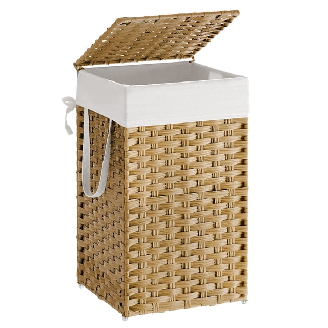 SONGMICS Cesto para la Ropa Sucia con Tapa, Cesto para la Ropa sucia de Ratán Sintético de 17,2 Galones (65 L) con Tapa y Asas, Forro Plegable y Extraíble, Amarillo Ganso ULCB165N01