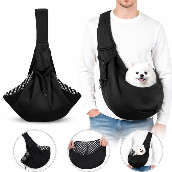 Reversible Dog Sling Carrier for Small Dogs & Cats , Adjustable Hands-Free Pet Sling with Safety Harness , Puppy & Kitten Carrier for Walking, Travel, Shopping , Essential Pet Accessories (Black)