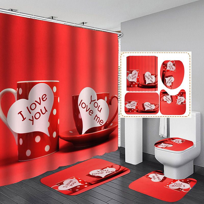 Love Red Rose Shower Curtain Bath Mat Toilet Cover Rug Bathroom Decor 