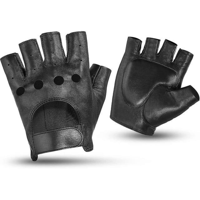 Kemimoto Guantes sin dedos para conducir, guantes de conductor de motocicleta, piel de oveja para hombres, negro, grande