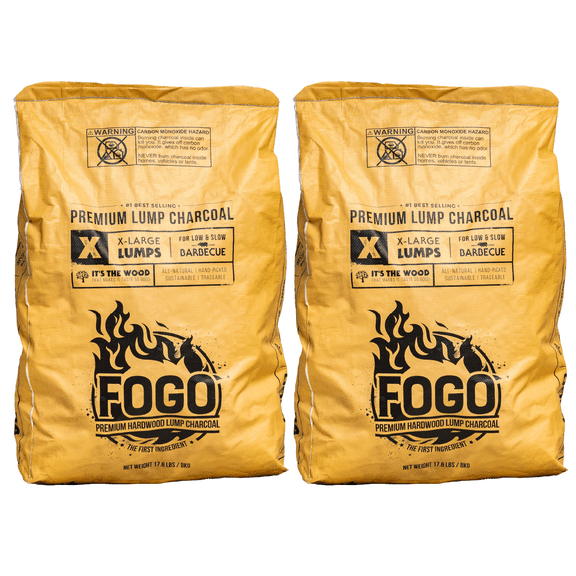 FOGO Premium Hardwood Lump Charcoal, Natural, Large Sized Lump Charcoal for Grilling and Smoking, Restaurant Quality, 17.6 Pound Bag, 2-pack
