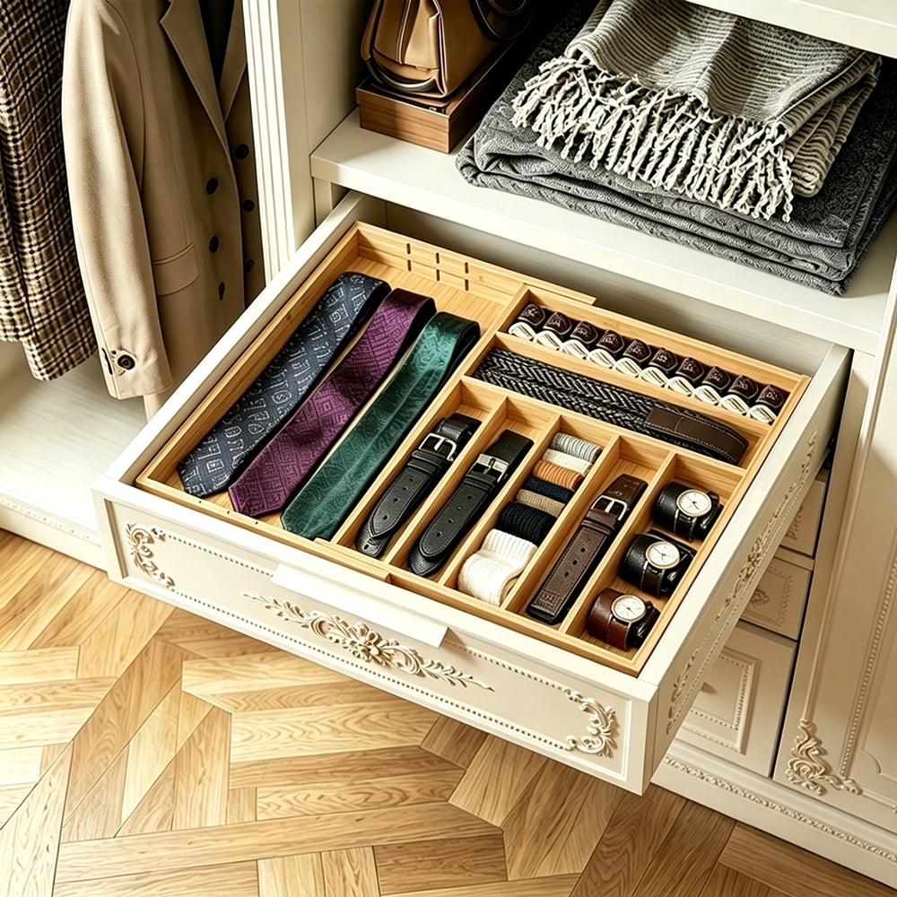 PLUMEBAY Bamboo Silverware Drawer Organizer with Labels, Expandable Kitchen Utensil Tray for Cutlery, Spoons and Knives, 10 Slot Drawer Organizer (Natural)