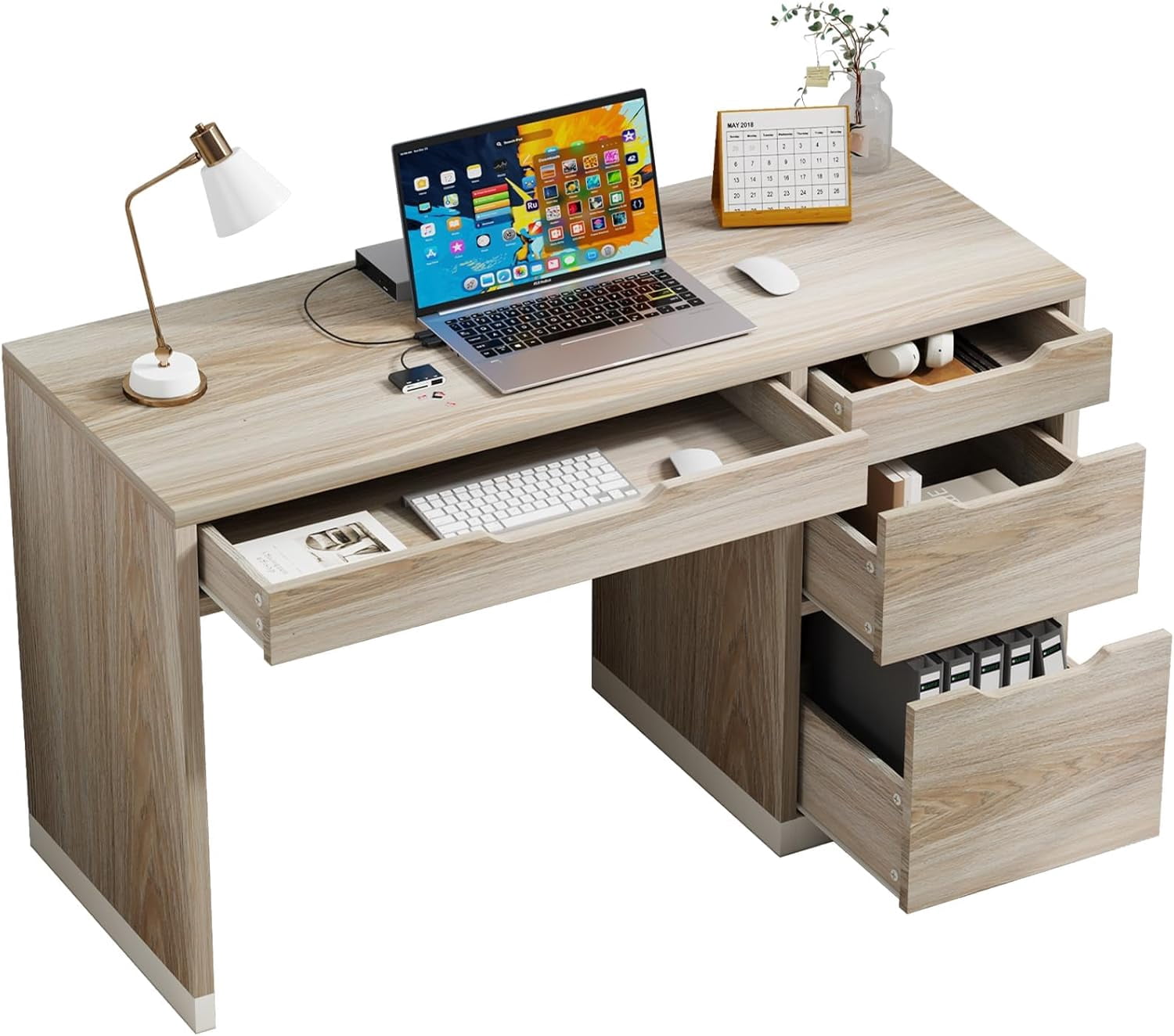 DreamCurship 52 inch Computer Desk with 4 Storage Drawers, Home Office Desk with Storage for Small Space, Writing Desk with File Cabinet, White and Walnut