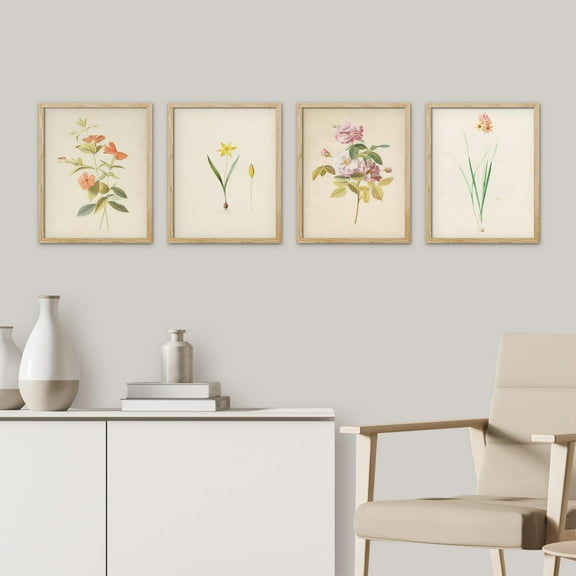 PixonSign Framed Wall Art Vintage Garden Wildflower Landscape Prints, Set of 4 Country/Farmhouse Rustic Floral Botanical Paintings, Colorful Adhesive Canvas Posters for Home Decor - 11"x14" Natural
