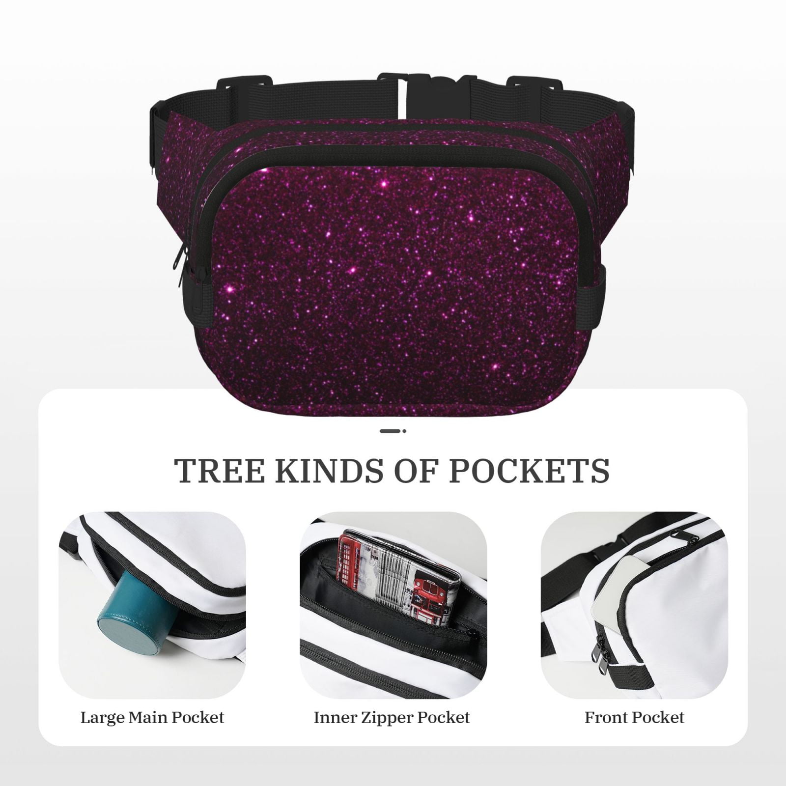 Picia Dark Purple Glitter Print Square Double-Layer Waist Bag Mini Adjustable Waist Belt Bag Exercise Running Travel Hiking