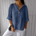 thumbnail image 2 of TODOZO Womens Linen Button Down Shirt Casual 3/4 Sleeve Cotton Blouse Loose Fit Collared Work Gauze Tops Cotton Linen Shirts for Summer V Neck Loose Vacation Beach Solid Blouses Tunic Tops, 2 of 6