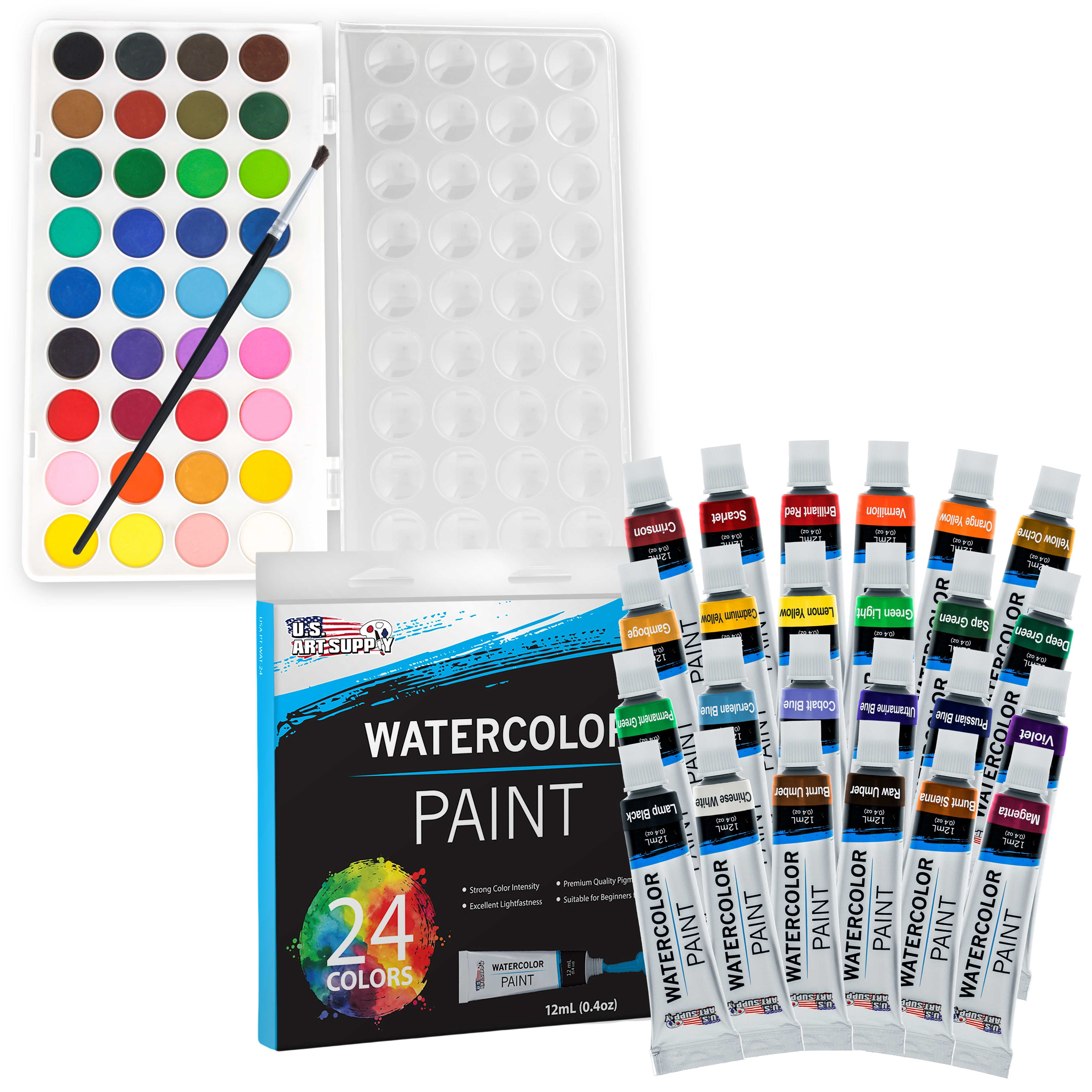 U.S. Art Supply 70-Piece Artist Watercolor Painting Set with Aluminum Field Easel, Wood Table Easel, 60 Watercolor Paint Colors, 34 Brushes, 2 Stretched Canvases, 6 Canvas Panels, 3 Paper Painting Pad