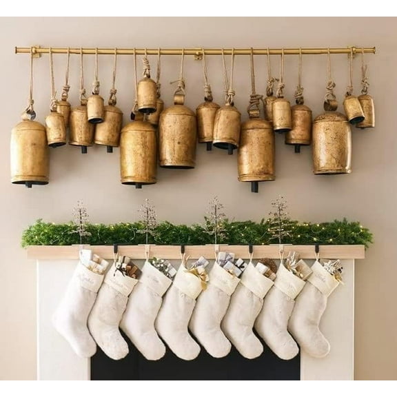 Handicrafts Giant Vintage Rustic Tin Metal Harmony Cow Bells Complete Set of 15 Huge XXL Rustic Handmade Bells On Jute Rope