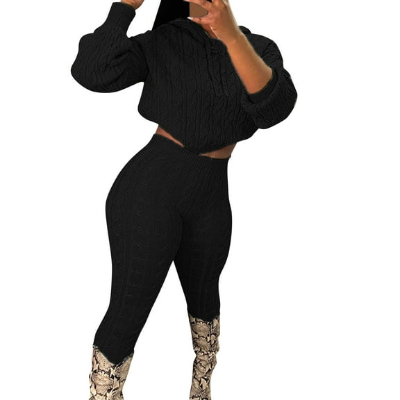 Baqcunre Women's Knitted Sweater And Pant Set Solid Color Hooded Sweater Pants Sets,L,Sweaters For Women,Outfits For Women,Workout Sets For Women,Womens Fashion,Womens Clothes,Black