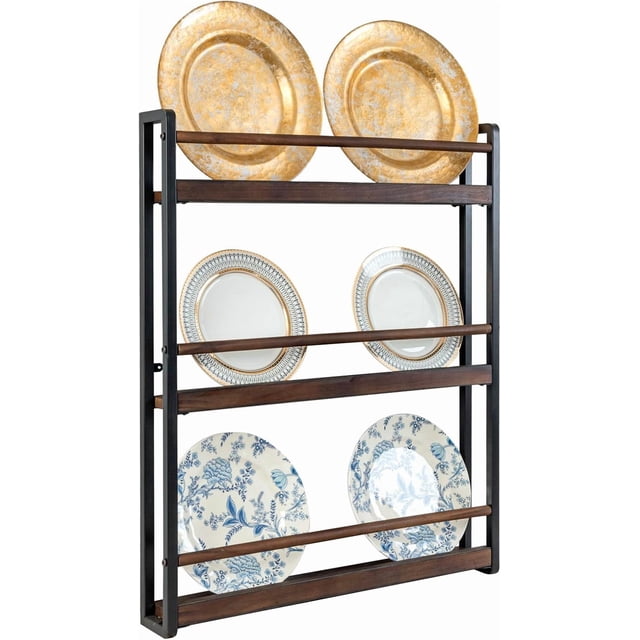 3-Tier Wall Mounted Plate Display Rack – Industrial Matte Black Metal & Dark Burnt Wood Storage for Plates, Decorative Plate Holder for Kitchen or Dining Room