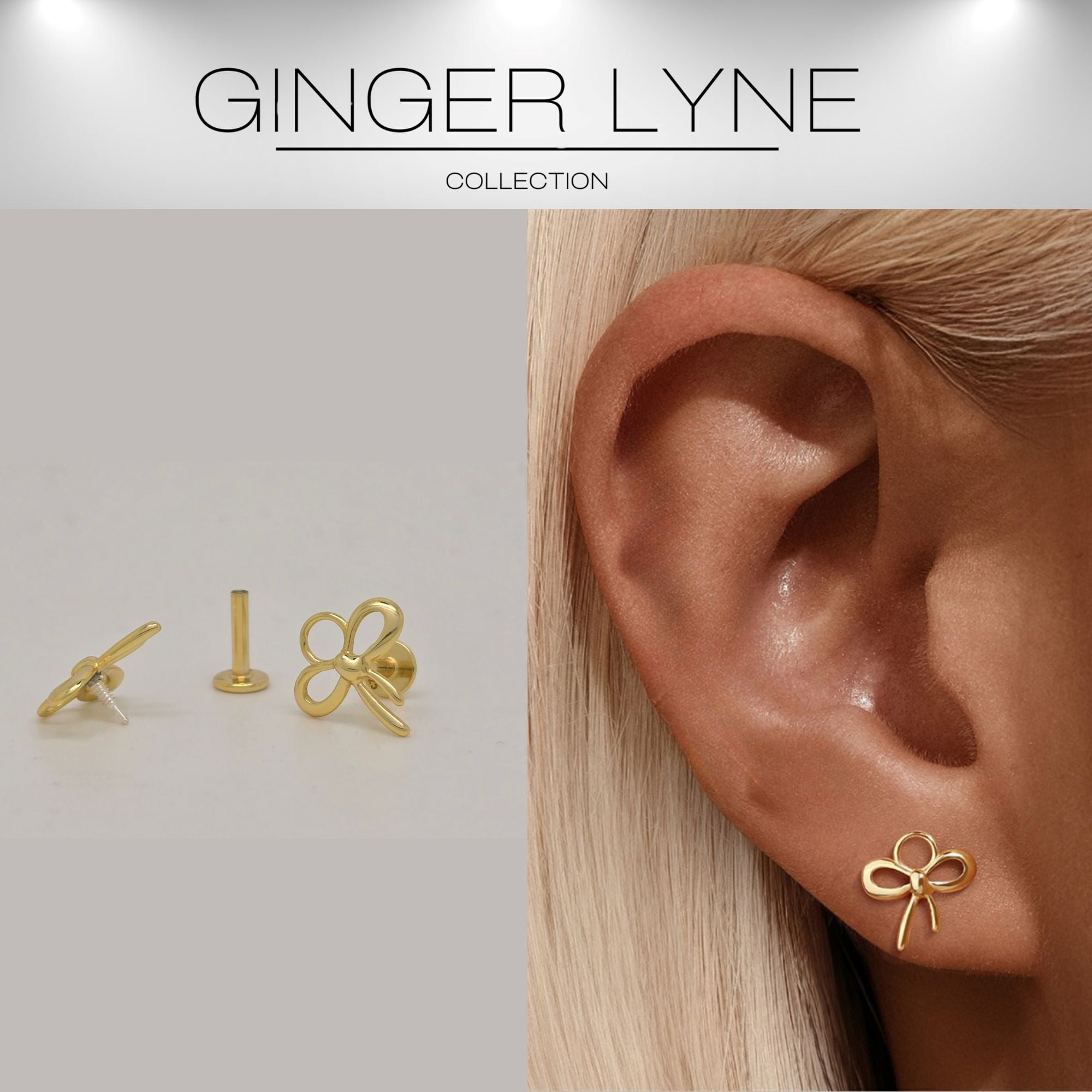 Bow Knot Flat Back Earrings for Cartilage Helix Tragus Lobe 14 kt Gold Plated Sterling Silver Pair by Ginger Lyne