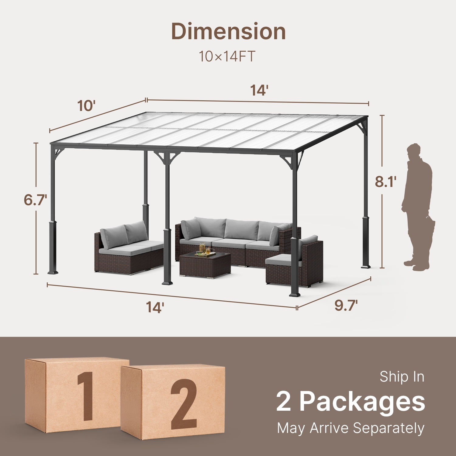 Asofer 10' x 14' Lean-to Hardtop Gazebo, Wall-Mounted Galvanized Steel Outdoor Pergola with Gutter, All-Weather Permanent Porch Canopy for Patio & Deck
