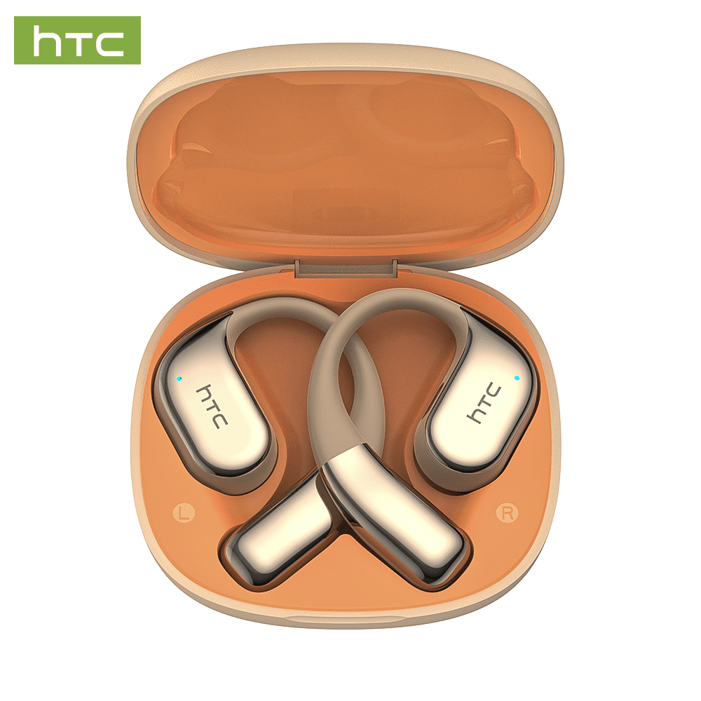 HTC NE39 Wireless Bluetooth 6.0 Open-Ear Earbuds, AI Translator, Noise-Cancelling Headphones, 130+ Languages, 40H Playtime, IPX5 Waterproof, Beige + Gold+Earbud Case