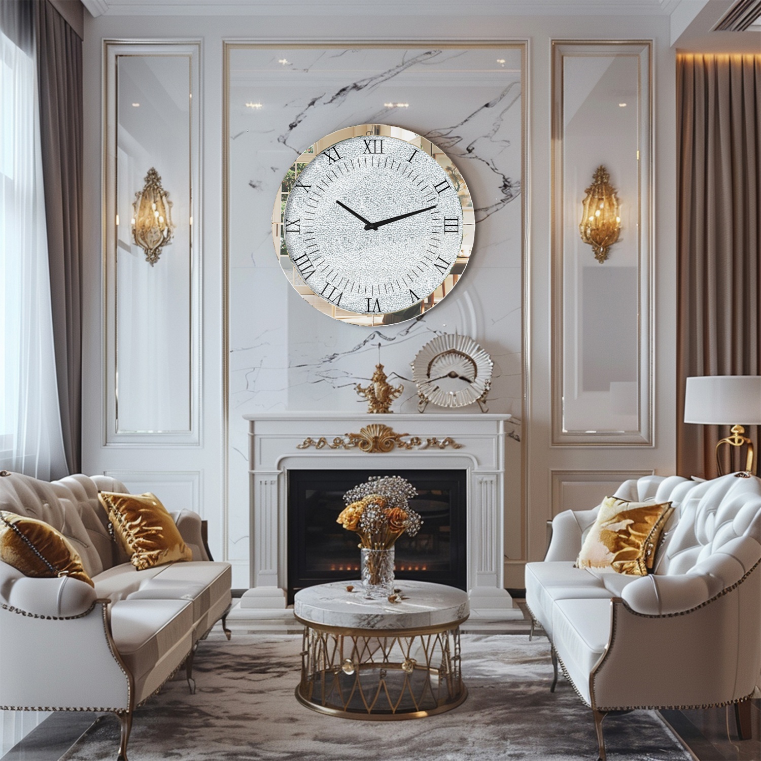 LUVODI 23.62x23.62 inch Crushed Diamond Wall Clock Crystal Twinkle Wall Hanging Clocks with Silver Bevels Edging