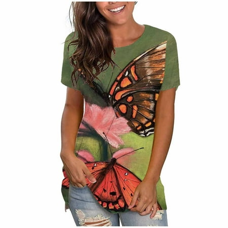 

Plus Size Tops for Women Crop Tops Women s Trendy Casual Round-Neck Butterfly Digital Print Short Sleeve T-Shirt Top Blouse T Shirts for Women on Clearance Valentines Day Shirts Women Green L