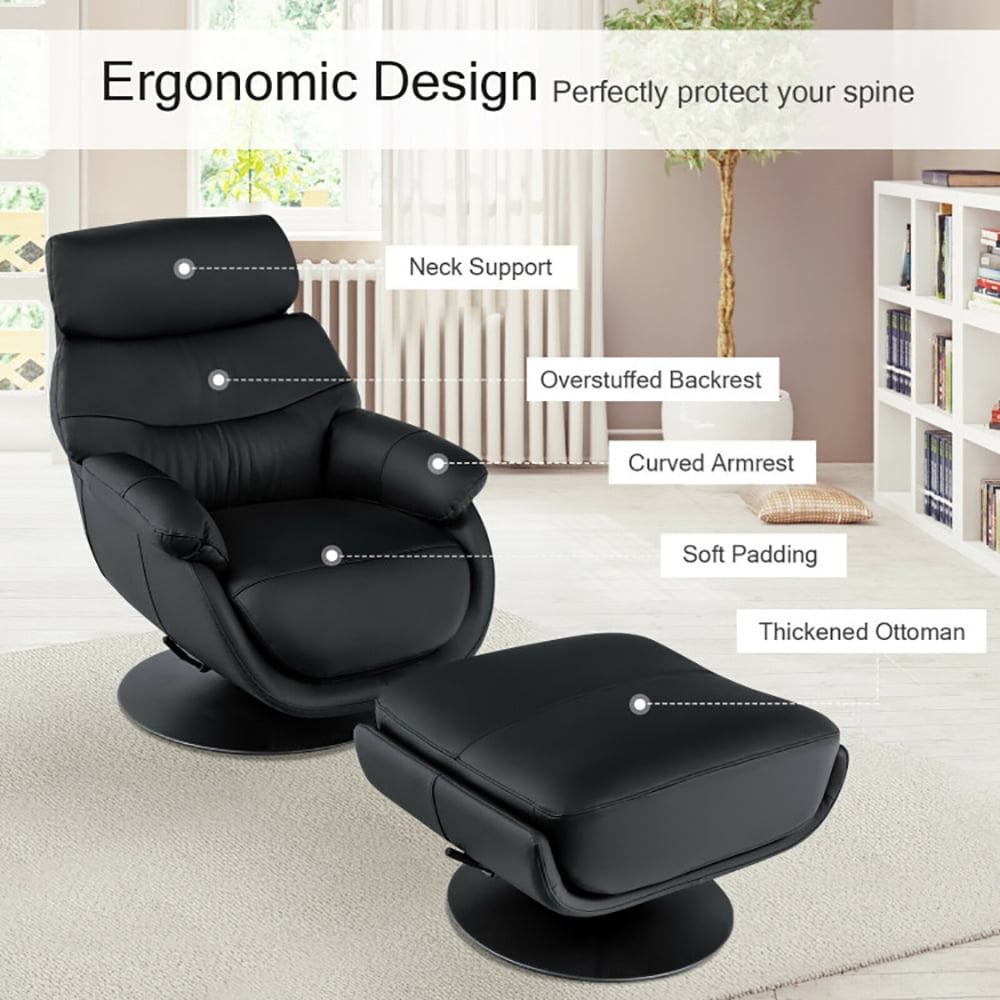 Finihen Leather Soft Upholstered Recliner with Ottoman Footrest, 360° Swivel Leather Lounge Chair with Ottoman and Thick Footstool, for Living Room, Bedroom, Black Finihen Leather Soft Upholstered Recliner with Ottoman Footrest, 360° Swivel Leather Lounge Chair with Ottoman and Thick Footstool, for Living Room, Bedroom, Black