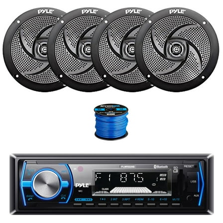 Pyle PLMRB29B Single DIN Bluetooth MP3 In-Dash Stereo Receiver, 4X 5.25" 180 Watt 2-Way Slim Low Profile Audio Speakers (Black) w/ Wire