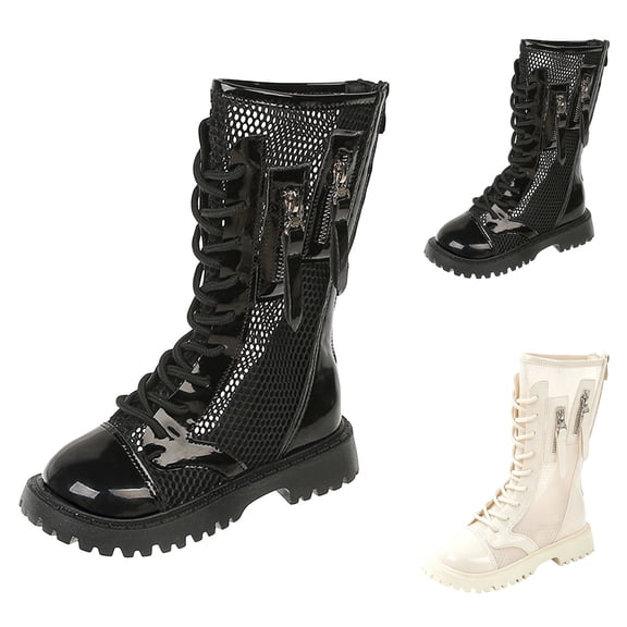Kids Zipper Breathable Mesh Mid Calf Boots, Lace Up Back Zipper Non-Slip Lug Sole Hollow Booties, Trendy Summer Tall Boots White 37