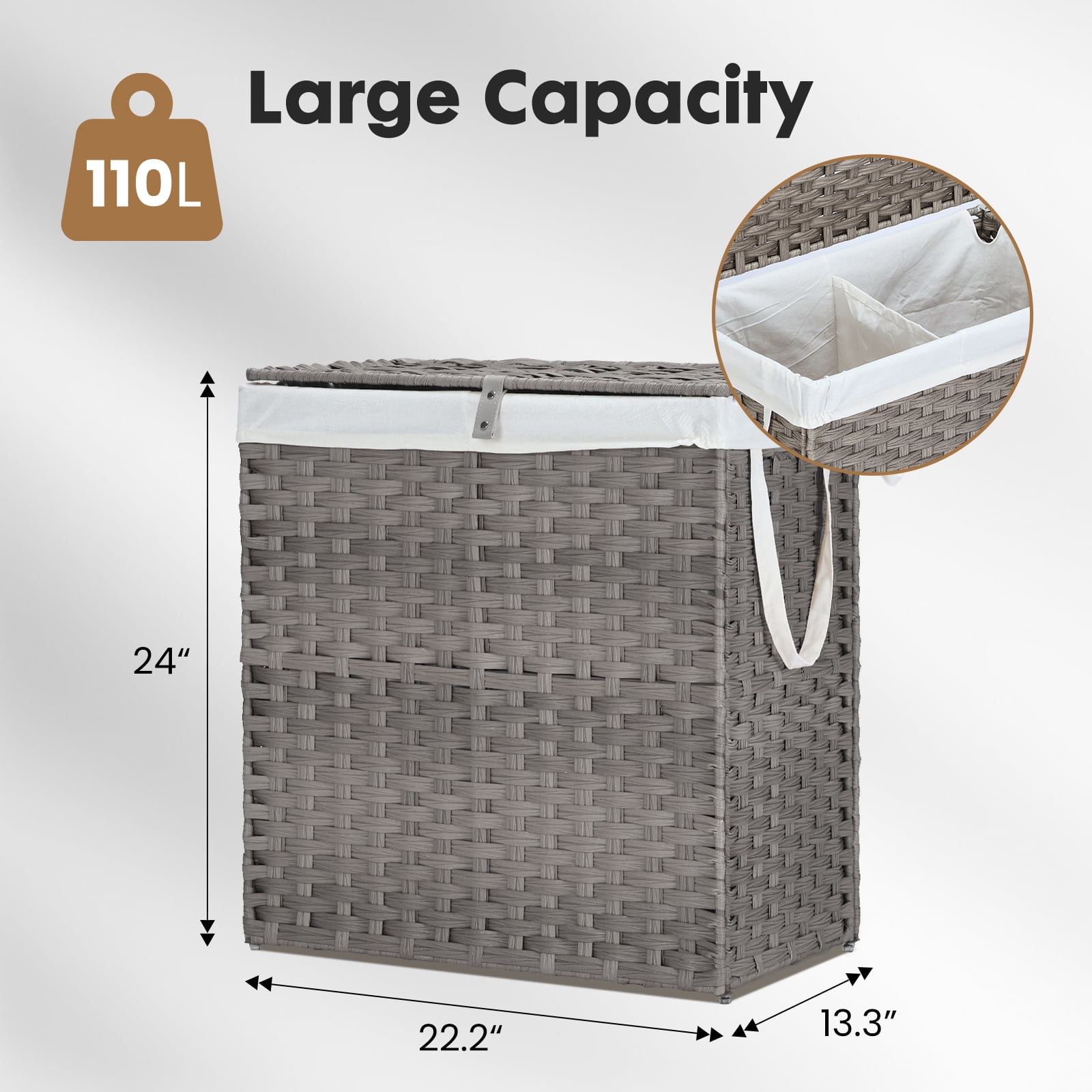 GIANNA Laundry Hamper with Lid, 110L Synthetic Rattan Clothes Laundry Basket with Lid and Handles, Foldable, Removable Liner