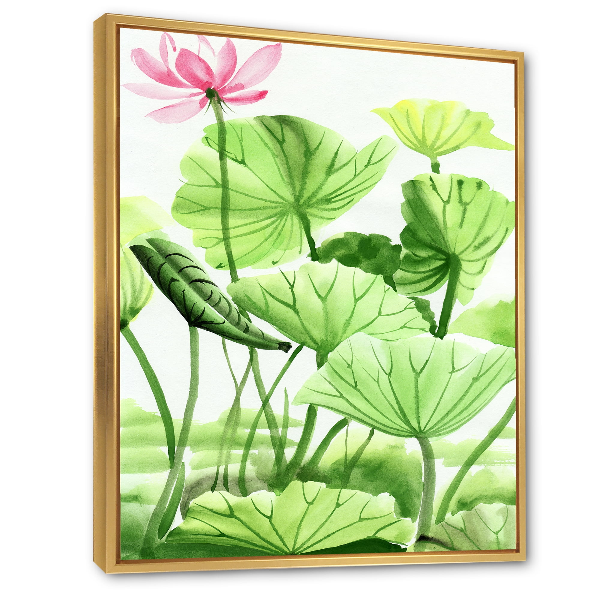 Ancient Lotus Leaves In The Pond 16 in x 32 in Framed Painting Canvas Art Print, by Designart
