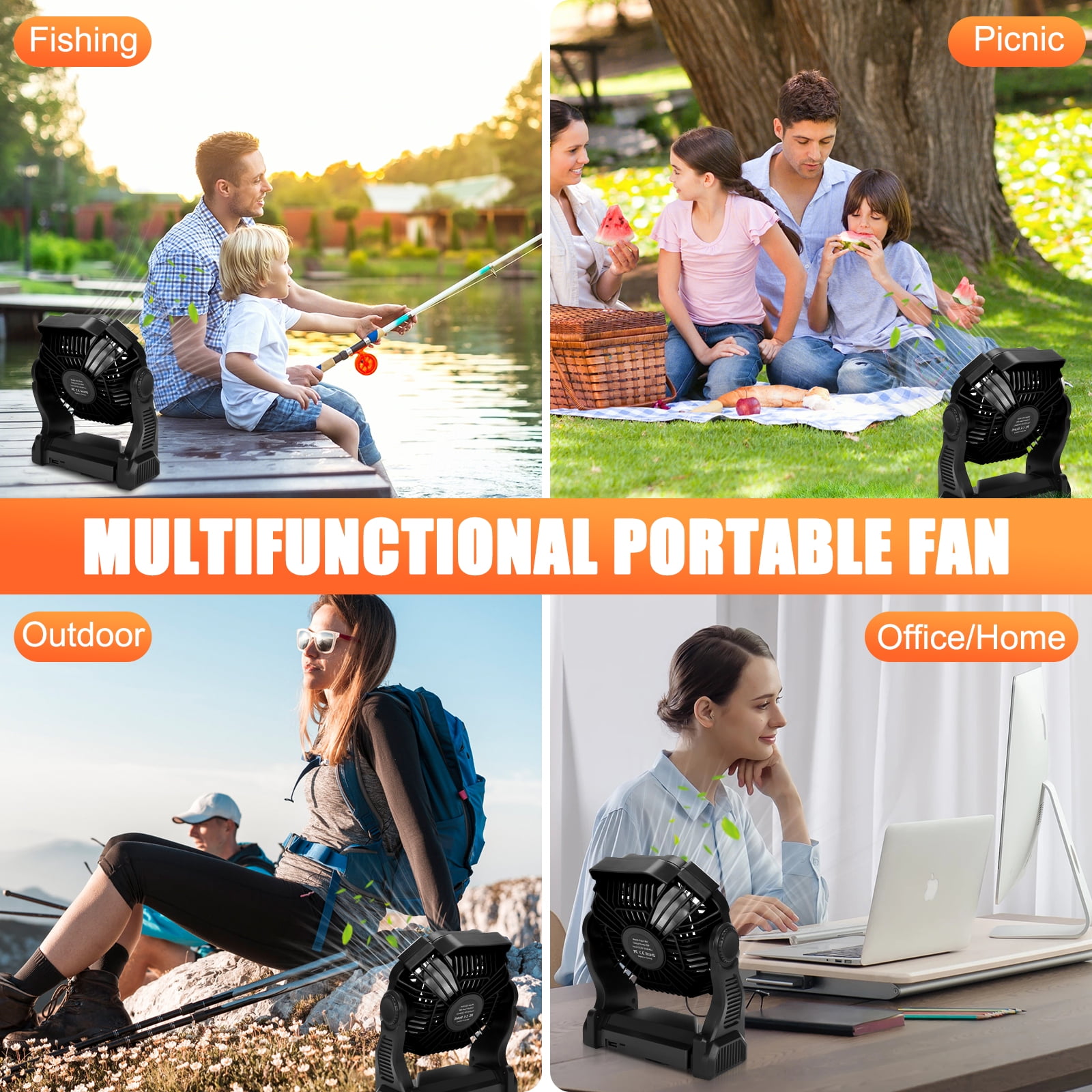 Rechargeable Camping Fan with LED Lantern, 10400mAh Portable Battery Operated Oscillating Fan for Tent, Table Fan for Picnic Fishing Travel Office,Black