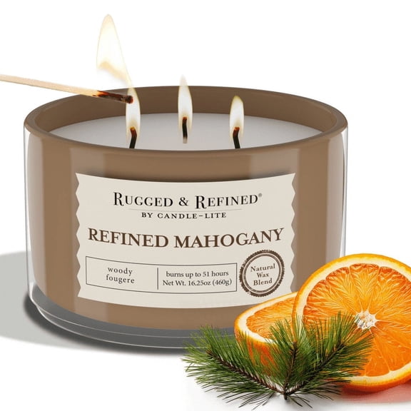 Candle-Lite Scented Candles for Men, Refined Mahogany Fragrance, 16.25 oz Jar, 3-Wick, 51 Hour Burn Time, Masculine Aromatherapy - Long Lasting Scent