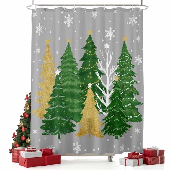 nqOlkjepod Grey Christmas Tree Shower Curtain, Waterproof Shower Curtains for Bathroom, Xmas Snowflake Green Golden Washable Fabric Bathtub Curtain Set Bath Decor with 12 Hooks Standard 72"x72"