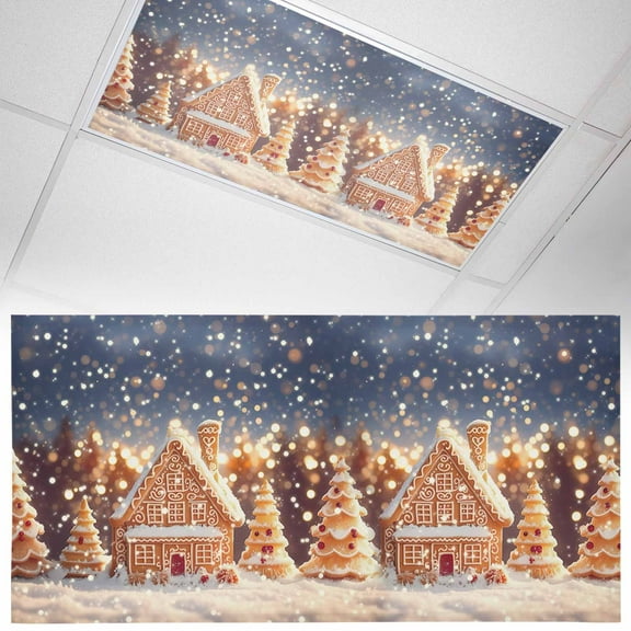 Christmas Gingerbread 1 Piece Xmas Tree House Forest Winter Snow Magnetic Fluorescent Light Covers, 2x4 Ft, Magnetic Light Covers for Ceiling Lights Classroom Office Home Decor