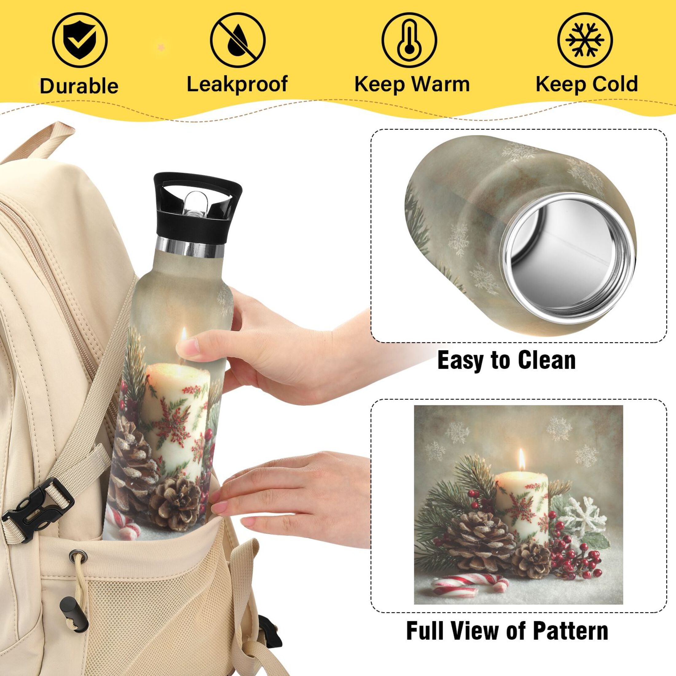 600ML Stainless Steel Insulated Cup Sports Water Bottle Portable Thermos Cup Water Glasses Insulated Tumblers Convenient and Durable Christmas Candle Pattern