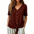 thumbnail image 6 of Lindreshi Cotton Linen Tops for Women Summer V Neck Short Sleeve Button Up Shirt With Front Placket and Lace Up Top, 6 of 8