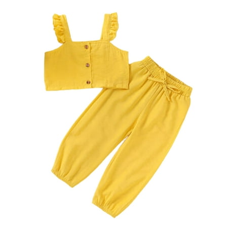 

2Pcs Baby Girl Sleeveless Sling Flying Sleeve Top + Loose Trousers Pants Suit Kids Casual Fashion Solid Color Short Sleeve Pants