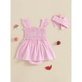 thumbnail image 5 of Baby Toddler Girl Plaid Romper Dress 3 6 12 18 Months Watermelon Smocked Fly Sleeve Bodysuit with Headband 2 Pcs Summer Outfit, 5 of 9
