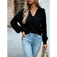 thumbnail image 2 of Arvbitana Women's Autumn Basic Knit Sweaters Solid Color Jacquard Eyelet Knitwear Tops V-Neck Lantern Long Sleeve Pullover Trendy Clothes, 2 of 8