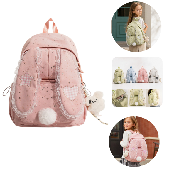 Bunny Ear Backpack for Students, Cute Star Print Lace Student Bookbag, Lightweight Casual Daypack for Travel Daily Use