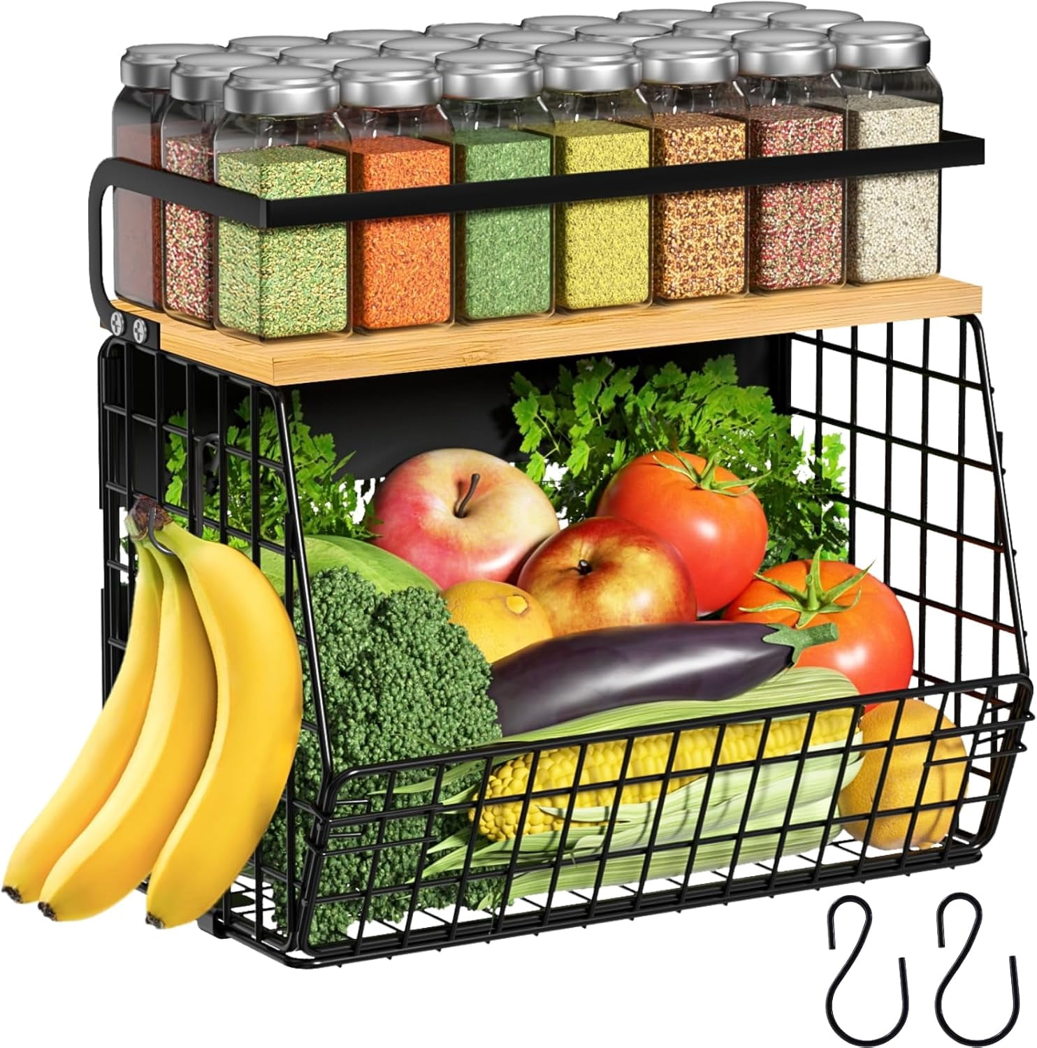Magnetic Fridge Shelf with Wood Lid – Large Storage Bin for Fruits/Potatoes/Onions, Multi-Use Spice Rack for Kitchen Counter & Cabinet