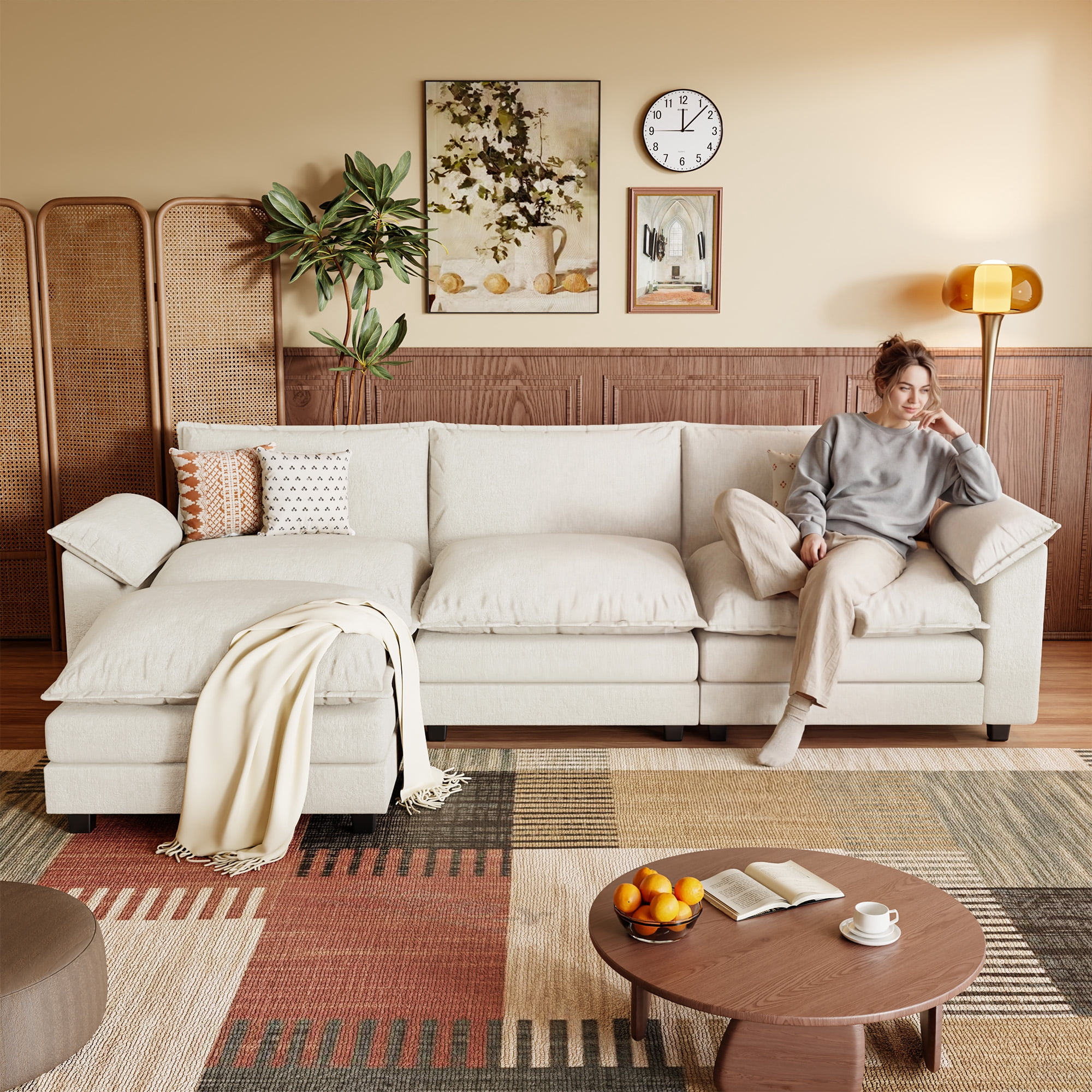 Homall Sectional Sofa 3-seat L-shaped Sofa with reversible toffee chair Movable Footrest Sofa,White
