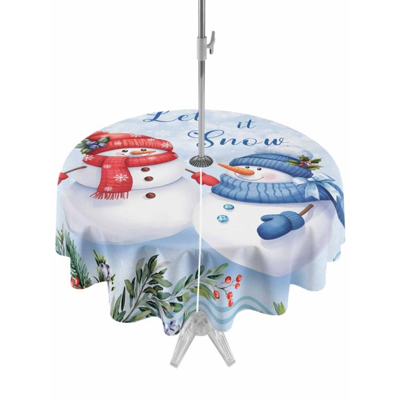 Outdoor Tablecloth with Umbrella Hole and Zipper, Blue Christmas Round Table Cloth 54 Inch Waterproof Tablecloth, Xmas Snowman Tree Snowflake Pine Cones Picnic Table Cover for Patio Camping