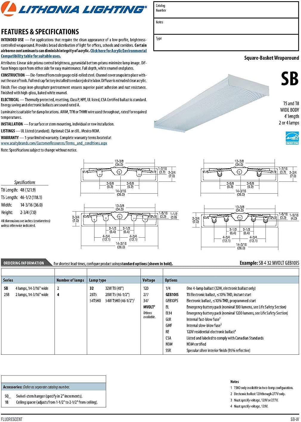 Lithonia Lighting SB4321201/4GESB 4' Bulb T8 FluorescentWraparound Ceiling Light Fixture (Bulb Not Included)