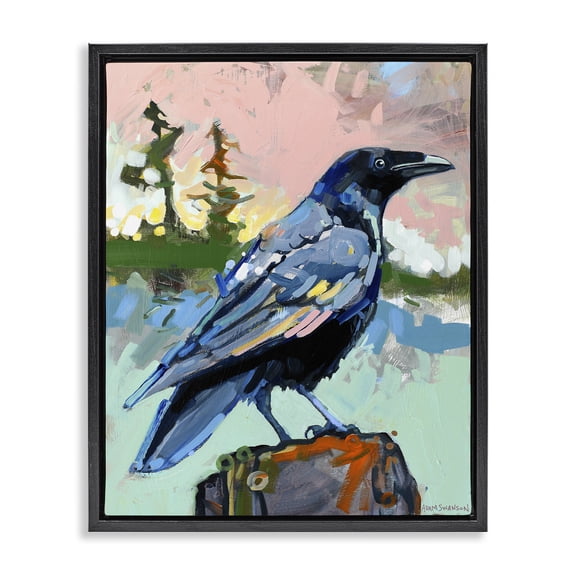 Stupell Industries Modern Crow Portrait Birds Painting Black Floater Framed Canvas Art Print Wall Art, 17 x 21