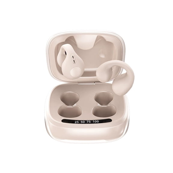 Beige Open Ear Clip On Bluetooth Headphones With Led Power Display 36H Battery Ipx6 Waterproof For Workouts Jogging