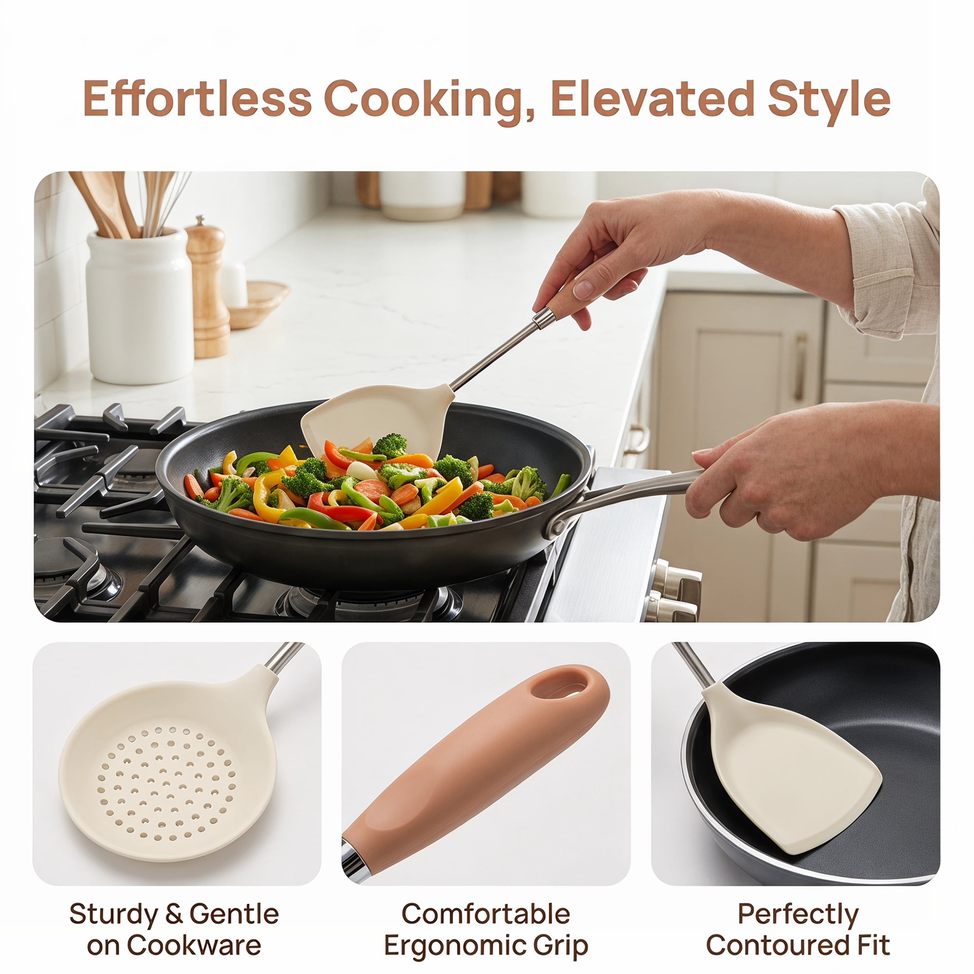 Unique Bargains Kitchen Utensil Set with Silicone Cooking Gadgets White-Silver B 2pcs